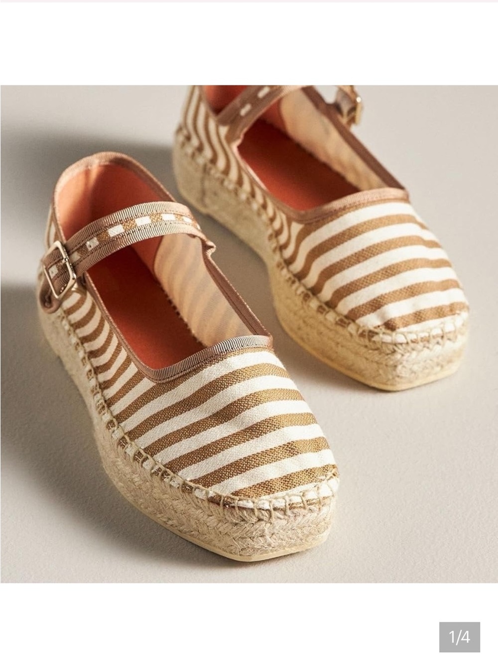 Anthropologie Striped Mary Jane Espadrille Flats in Beige and White